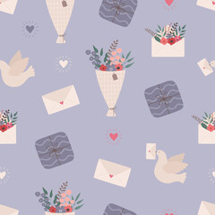 Seamless pattern on a purple background. Bouquet of flowers, gift box, plants and flowers in an envelope, letter, carrier pigeon. The concept of Valentine's day, love, wedding. Vector illustration