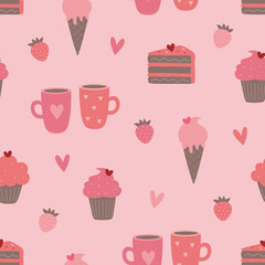 Cute seamless pattern with ice cream, cake, cupcake, strawberries, a couple of mugs. The concept of Valentine's day, love. Vector illustration on pink background