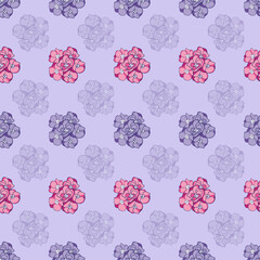 Pink purple delphinium flowers seamless vector pattern on pastel purple background