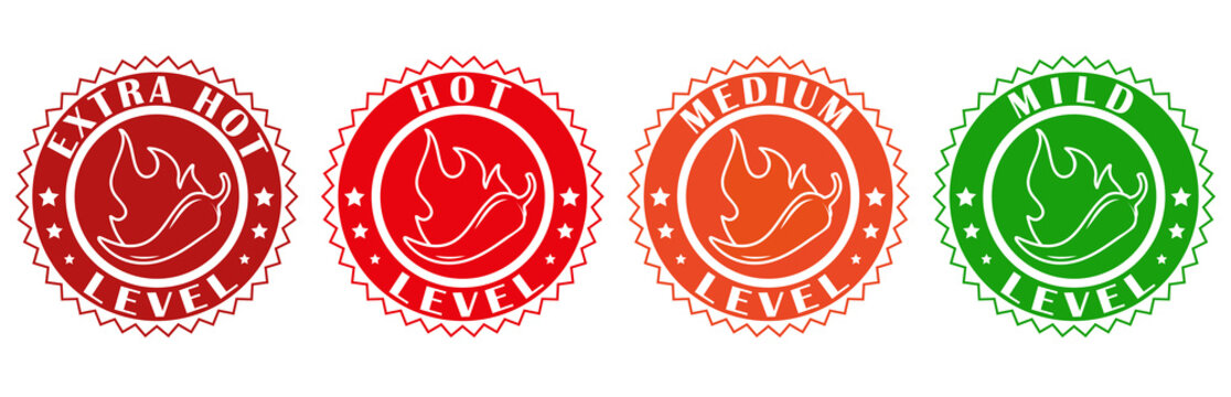 Icons with Chili Pepper Spice Levels. Hot pepper stamps with fire flame for packing spicy food. Mild, medium and extra hot pepper sauce stickers. Vector illustration.