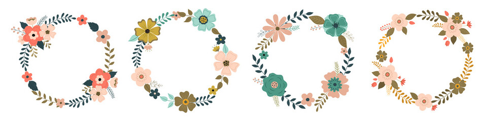 A set of bright flower wreaths. Vector illustration. Perfect for decorating wedding invitations, greeting cards, party invitations, postcards, cards.