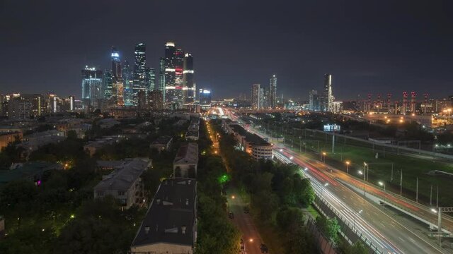 night view of Moscow City and the Third Transport Ring
