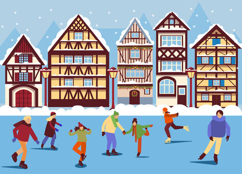 skating rink with different people on the background of an ancient European city. The scene of a winter holiday with men and  women on the ice rink of the park. illustration in cartoon flat style