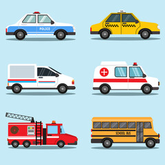 Set of different kind of public transportation vector such as police car, taxi, delivery van, ambulance, fire truck, and school bus. Collection of cartoon style transport vehicles illustration design.