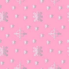 Seamless vector pattern with Christmas cute illustrations of silver line snowflakes on pink background.Winter,holiday print in doodle style hand drawn.Designs for textile,wrapping paper,scrapbooking.