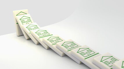 3d illustration. Falling domino with house symbols 
