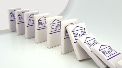 3d illustration. Falling domino with house symbols 