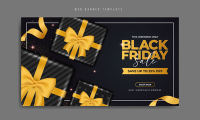 Black friday sale web banner template design with realistic gift box and ribbon. Social media marketing flyer with abstract graphic background, logo & icon. Online business promotion cover.     