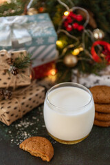 Obraz na płótnie Canvas Holiday concept, Christmas morning. Homemade Cookies and milk for Santa Clause near the Christmas tree with present.