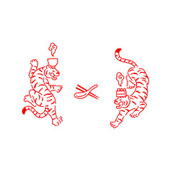 ラーメンを頭に乗せた虎、焼売を頭に乗せた虎、ロゴ、アイコン、シンボルマークデザインのための、２匹の虎のシンプルな線画