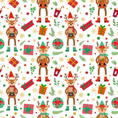 Holiday cartoon deers with gifts, drinks, branches. snowflakes. Vector seamless pattern. Isolated on white background. For wrapping paper, textile, wallpaper.
