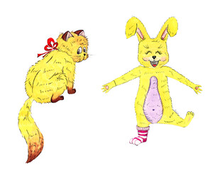 watercolor illustration set of cartoon characters