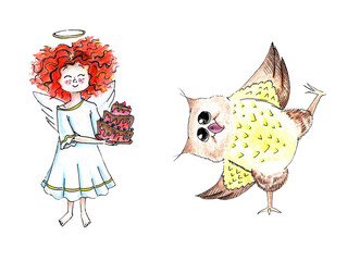 watercolor illustration set of cartoon characters