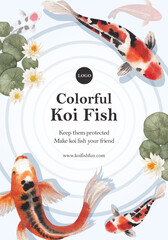 Poster template with koi fish concept,watercolor style.