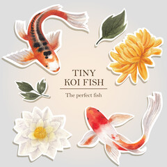 Fototapeta na wymiar Sticker template with koi fish concept,watercolor style.