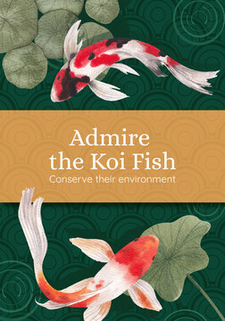 Poster template with koi fish concept,watercolor style.