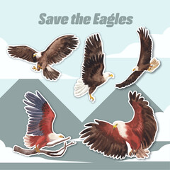 Sticker template with bald eagle concept,watercolor style.