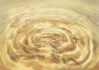 Sunny water ripples and fish watercolor background