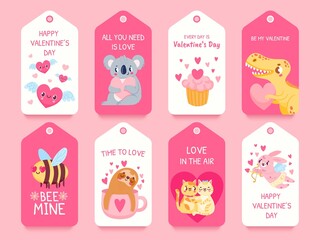 Valentines gift tags with animals. Dinosaur, koala with hearts, cupid, cat couple and love bee. Romantic valentine day tag labels vector set