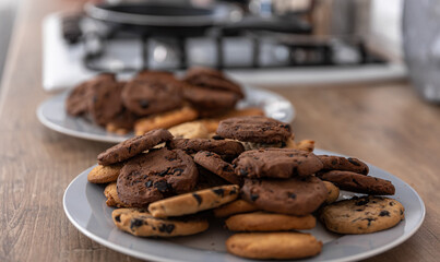 Close-up of Christmas chocolate chip cookies in the kitchen.