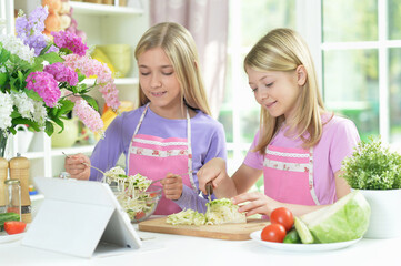 Two girls in pink aprons preparing salad