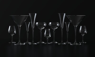 Lots of wine glasses of different shapes. Dark background. 3d rendering