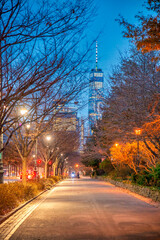 Night lights of Meatpacking District promenade along Hudson Rive