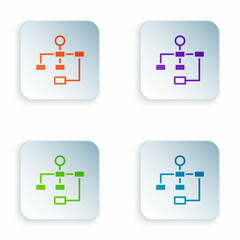 Obraz premium Color Business hierarchy organogram chart infographics icon isolated on white background. Corporate organizational structure graphic elements. Set colorful icons in square buttons. Vector