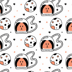 Childrens hand-drawn pattern with a dog astronaut and the moon. Cosmic baby pattern.