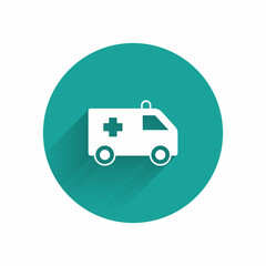 White Ambulance and emergency car icon isolated with long shadow background. Ambulance vehicle medical evacuation. Green circle button. Vector