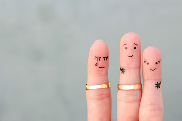 Fingers art of people. The husband kisses another woman, the wife is jealous.