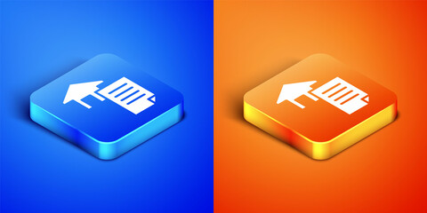 Isometric House contract icon isolated on blue and orange background. Contract creation service, document formation, application form composition. Square button. Vector