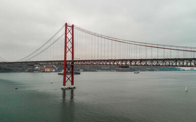 Aerial view of Lisbon 25 April Red Bridge in autumn, Portugal