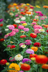 Colorful zinnia flowers blooming in the garden. Blurred background. Copy space