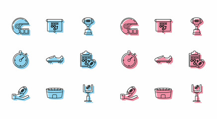 Set line American Football ball on hand, stadium, football helmet, goal post, Soccer or shoes with spikes, Planning strategy concept, Stopwatch and icon. Vector