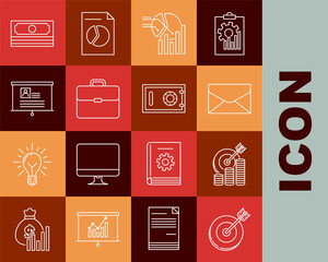 Set line Target, with coin symbol, Envelope, Pie chart infographic, Briefcase, Board resume, Stacks paper money cash and Safe icon. Vector
