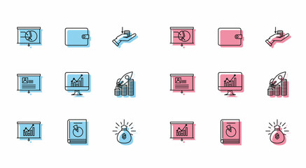 Set line Board with graph chart, User manual, Money bag, Computer monitor, Rocket flying up coins growth, resume and Wallet icon. Vector