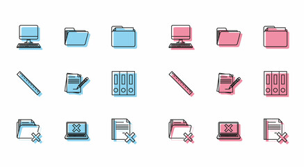 Set line Delete folder, Laptop and cross mark on screen, Computer monitor with keyboard, file document, Blank notebook pencil eraser, Office folders papers documents, Ruler and Document icon. Vector