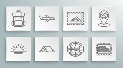 Set line Sunset, Plane, Tourist tent, Airline ticket, Postal stamp and Coliseum, Egypt pyramids, Map pointer with mountain and Hiking backpack icon. Vector