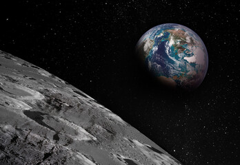 Fototapeta na wymiar View of Moon limb with Earth rising on the horizon. Footprints as an evidence of people being there or great forgery. Collage. Diagonal composition. Elements of this image furnished by NASA.