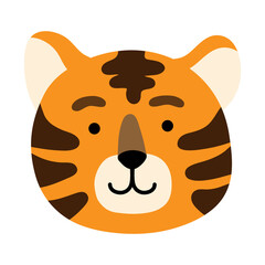 Greeting card or banner with cartoon funny tiger face. Vector flat hand drawn illustration