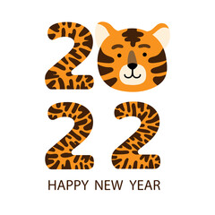 Fototapeta na wymiar Happy Chinese New Year 2022 greeting card or banner with cartoon funny tiger face and striped year digits. Vector flat hand drawn illustration