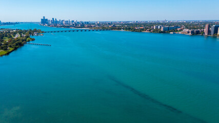 Aerial view of the Detroit Riverfront, Belle Isle Bridge and North Fishing Pier.