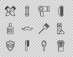 Set line Mustache and beard on shield, Electrical hair clipper or shaver, Hair dryer, Hairbrush, Crossed electrical, Hand mirror and Shaving gel foam icon. Vector