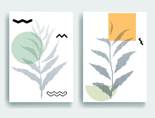 Modern poster with minimalist design elements . Boho style  . Striped leaves .Wall art , home deco . Vector abstract shape.