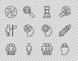 Set line Users group, Project team base, Business strategy, of man business suit, Piece puzzle, Human head puzzles, and Rocket ship with fire icon. Vector