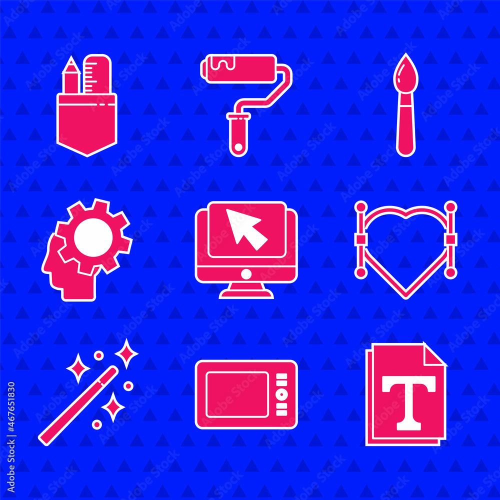 Poster set computer monitor and cursor, graphic tablet, text file document, heart with bezier curve, magic 