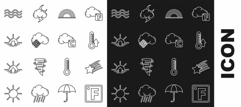 Set line Fahrenheit, Falling star, Thermometer, Rainbow with clouds, Cloud snow, Sunset, Waves and Celsius and icon. Vector