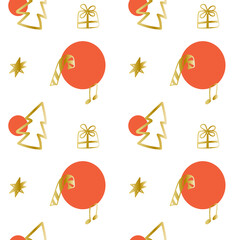 Vector seamless pattern with Christmas cute illustrations with gold line with brightly colored balloons.Winter,holiday print in doodle style hand drawn.Designs for textile,wrapping paper,scrapbooking.