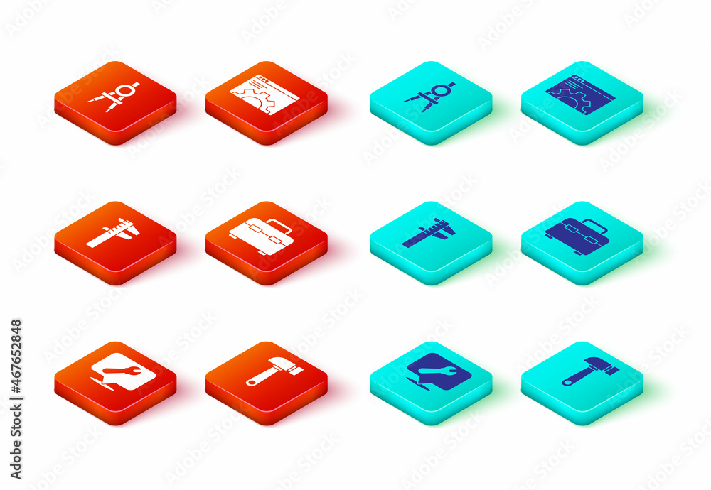 Poster set location with wrench spanner, hammer, calliper or caliper and scale, toolbox, browser setting an